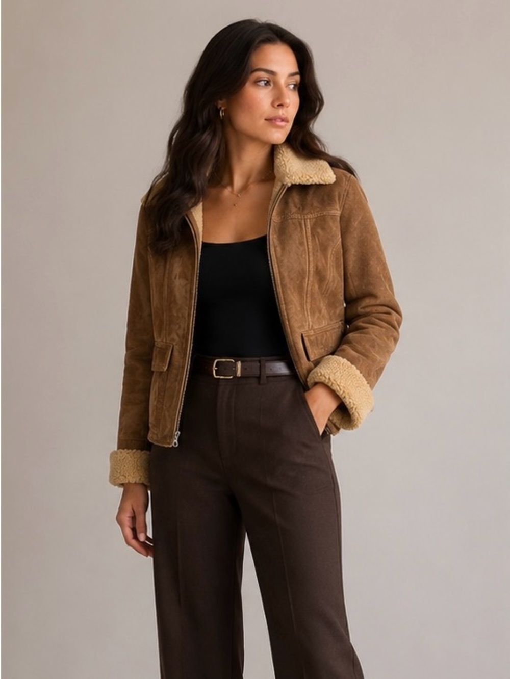 Avanti Tan Suede Shearling-Lined Jacket